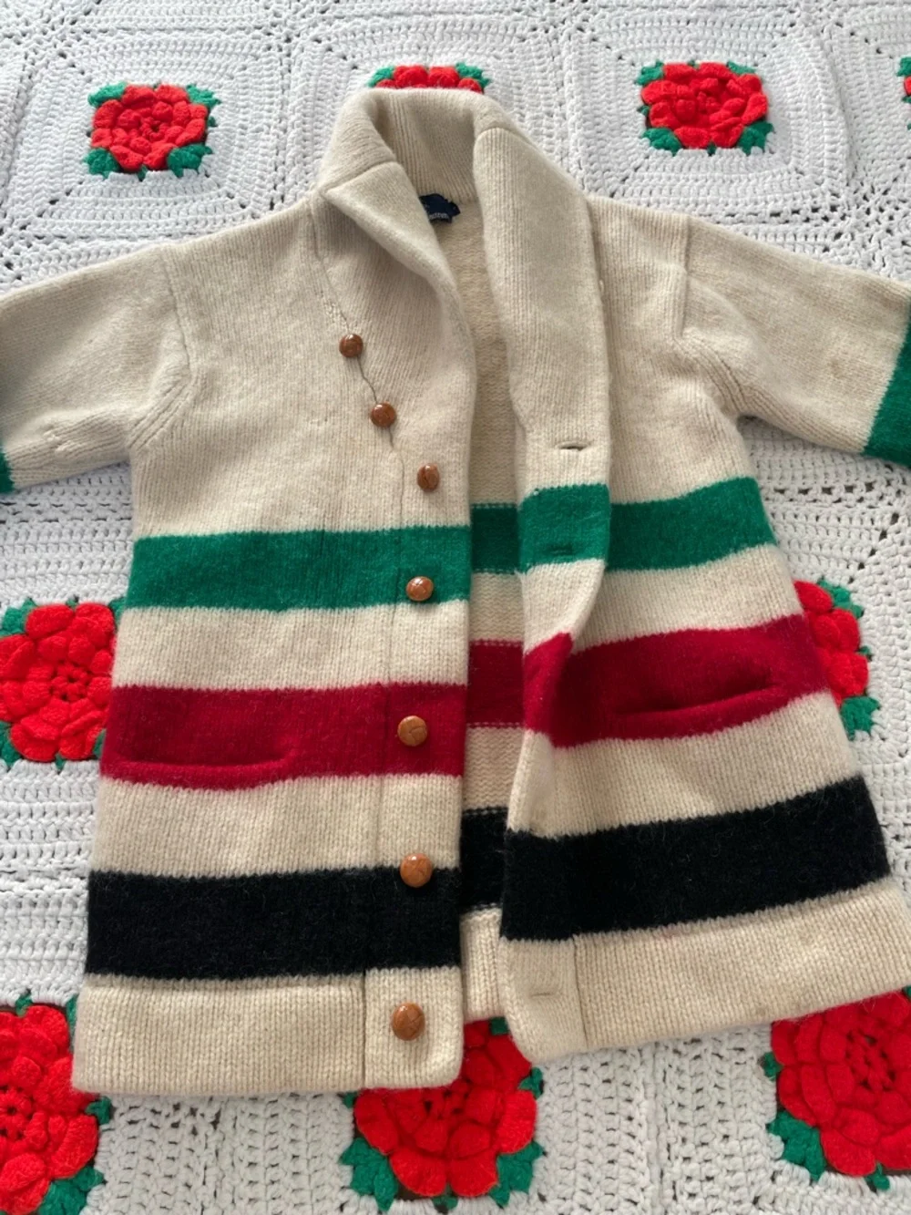 Ralph Lauren Hudson Bay  Wool Shawl Cardigan Striped Cream S Vintage 80’s - Picture 5 of 12